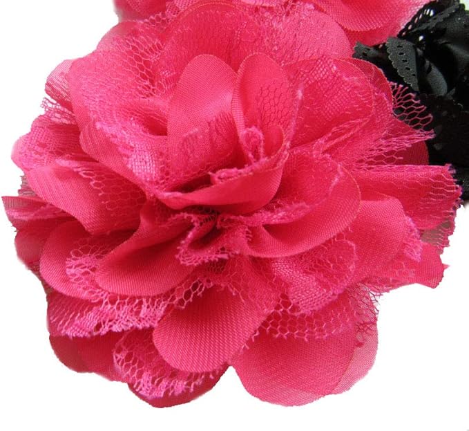 YYCRAFT 15pcs Hot Pink/Black Chiffon Lace Hair Flower for Girls Headband Baby Flowers Bows,Crafts,Party Decoration(2"-4")