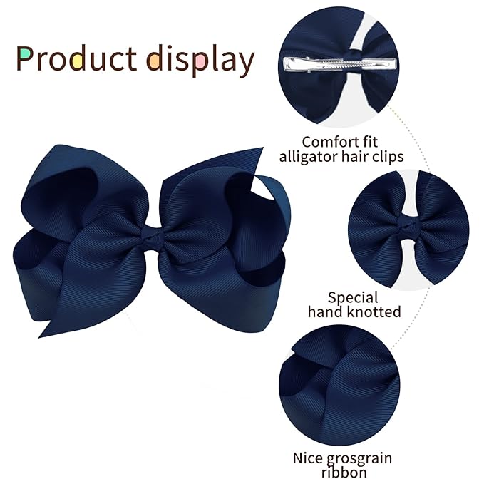 Oaoleer Big Hair Bows for Girls 12 PCS 6" Navy Grosgrain Ribbon Large Boutique Bow Alligator Clips Hair Accessories for Toddlers Little Girls Kids