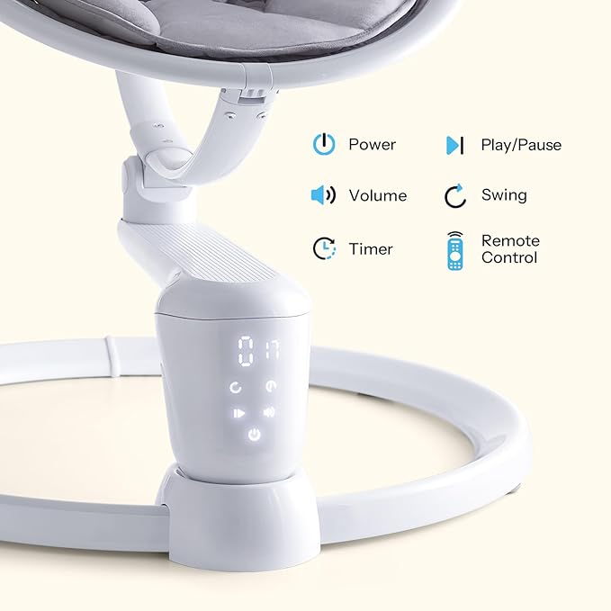 HARPPA Weddell Plus Electric Baby Swings for Infants and Newborns, Eye-Level Baby Swing 5 Speeds and Remote Control 10 Built-in Melodies, 2 Seat Positions & 180° Rotation for Indoor Use, Dove Gray