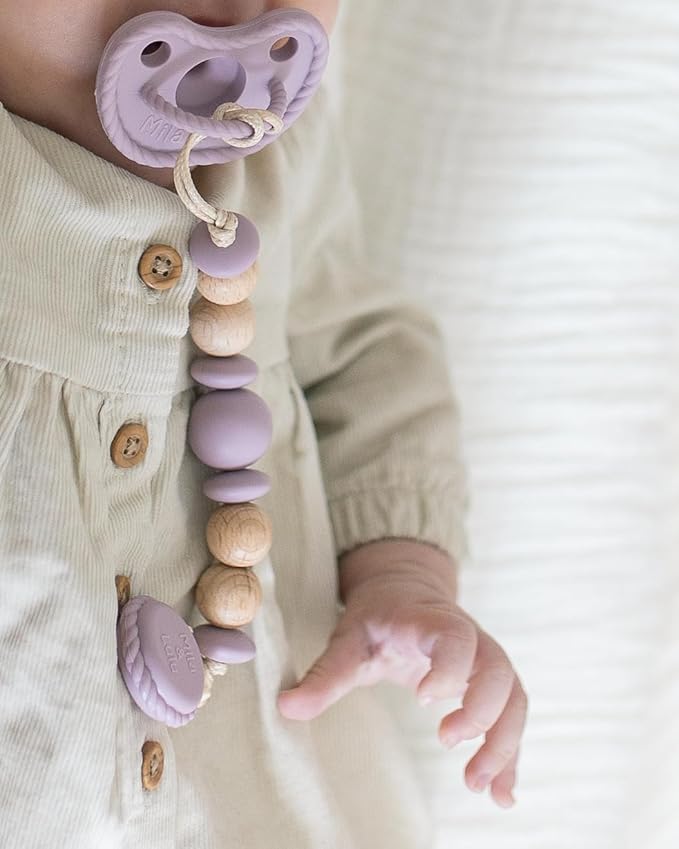 Silicone Pacifier Clip – Metal-Free, Rust-Free, 100% Food-Grade Silicone and Natural Beech Wood, Secure Pacifier Holder for Babies– Mauve - Mila & Lulu