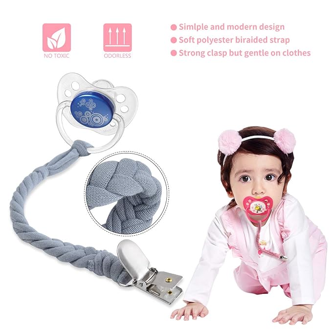 Baby Pacifier Holder for Boys and Girls, Teething Straps Unisex Design, Smoother Clip 100% Handmade Braided, Easy to Use for Teething Toy(Grey）