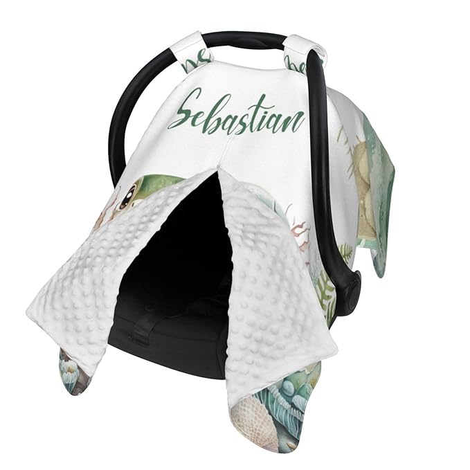 Custom Name Nursing Cover – Sea Turtle Baby Car Seat Canopy, Stroller Cover, Baby Minky Blanket – Personalized Newborn Shower Gift for Infant Boys & New Moms