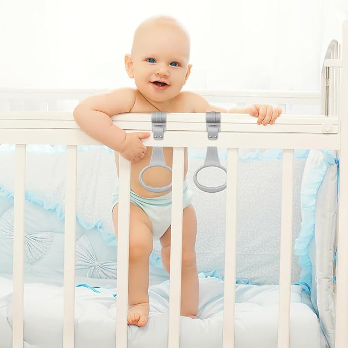 4Pcs Baby Pull Up Rings for Playpen & Crib, Portable Infant Walking Assistant with Safety Stand, Universal Training Tool for Early Walking Practice, Playpen Accessories
