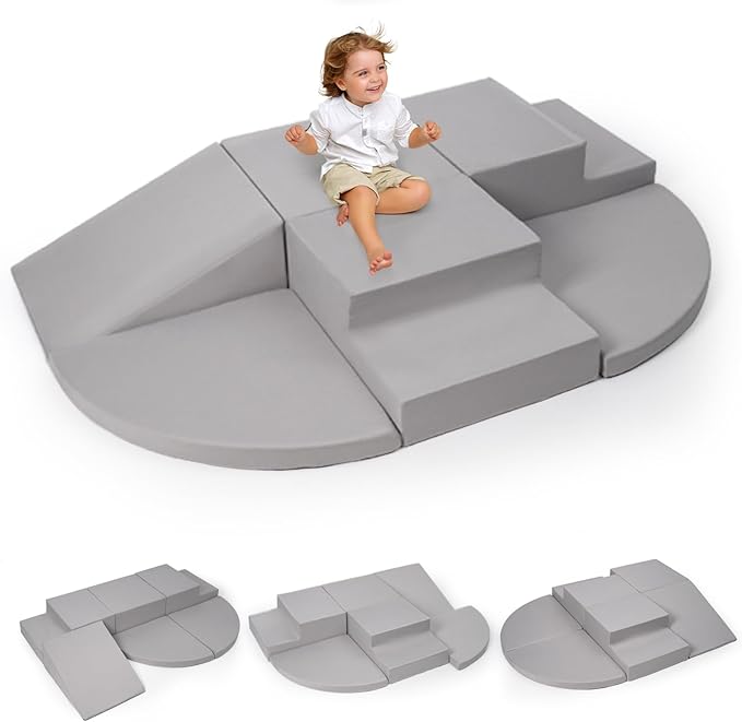 Rinnebbit 6-Piece Foam Climbing Blocks for Toddlers, Baby Climb and Crawl Soft Foam Play Set, Machine Washable Cover, Indoor Activity Play Structures, Climbing Toys for Toddlers 1-3 (Gray)