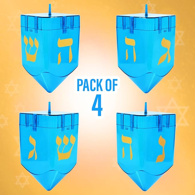 Large Fillable Dreidels for Hanukkah, Pack of 4 Plastic Dreidels Bulk, Blue Large Dreidels That Bring Joy and Tradition to Every Celebration