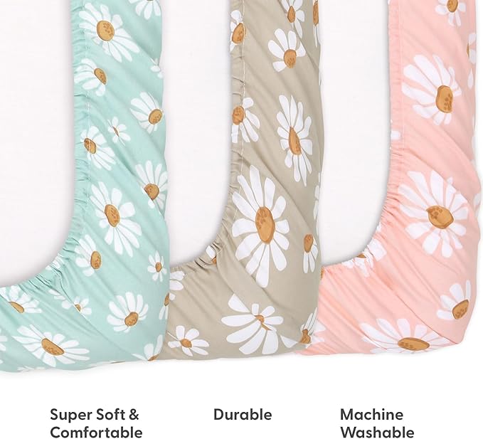 The Peanutshell 3-Pack Fitted Playard Sheets - Soft & Breathable Baby Girl Mini Crib Sheets, Pack N Play Mattress, Fits Standard Playard Pack Play Mattresses - Daisy Dreams
