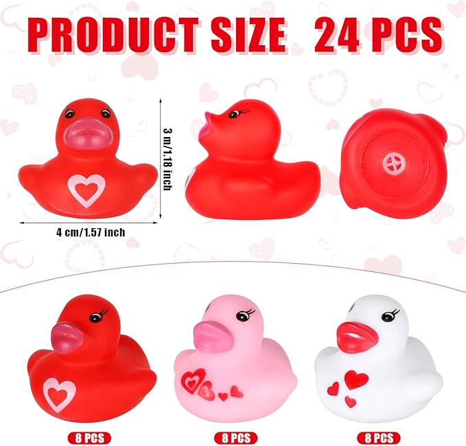 24pcs Valentine's Day Rubber Ducks, 1.57 inch Mini Small Assorted Rubber Bath Ducks Colorful Bathtub Toy Squeaky Duckies Love Heart Duck Valentines Day Gifts for Kids Cupcake Topper(3 Colors)