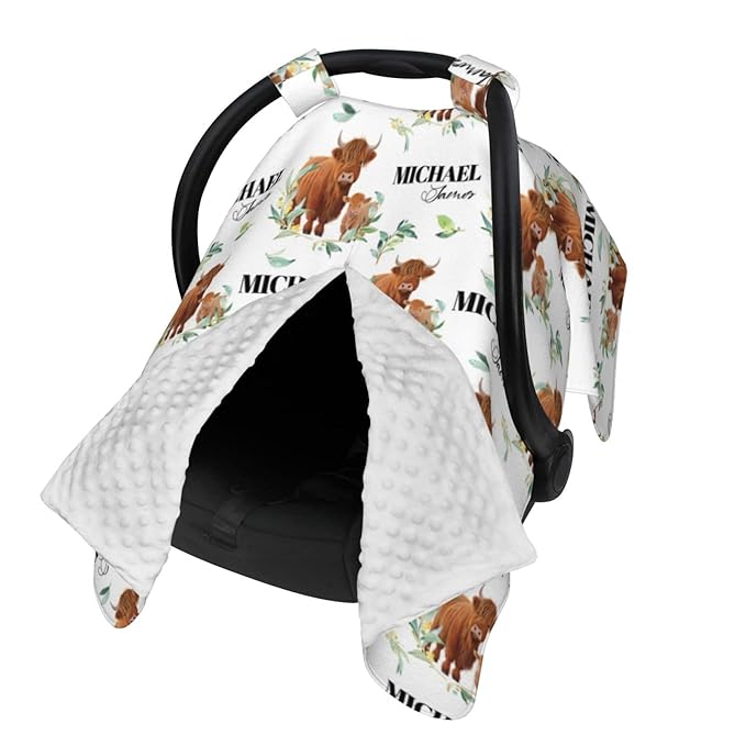 Personalized Baby Car Seat Canopy for Babies, Custom Name Cute Cow Baby Car Seat Covers for Boys and Girls, Opening Minky Nursing Breastfeeding Cover for Infant, Carseat Canopies for Newborn