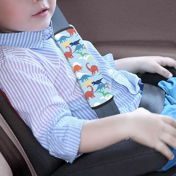ENLACHIC Baby Car Seat Belt Cover, Cute Dinosaur Print Car Seat Shoulder Strap Pads, Infant Car Seat Cushion Safety Seatbelt Protector for Kids Boys Girls,Blue Dinosaur
