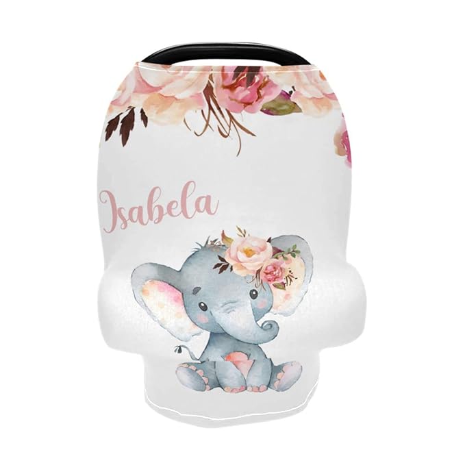 Personalized Baby Car Seat Covers with Name, Custom Nursing Cover Breastfeeding for Babies, Carseat Canopy for Girls, Infant Stroller Cover for Winter, Breathable Carseats Cover (Elephant Floral Pink)