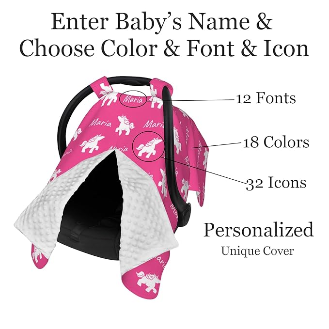 Personalized Baby Car Seat Covers with Name and Pattern for Girls and Boys, Customized Carseat Canopy, Peekaboo Opening Minky Nursing Breastfeeding Cover Car Seat Canopies for Newborn Infant Toddler