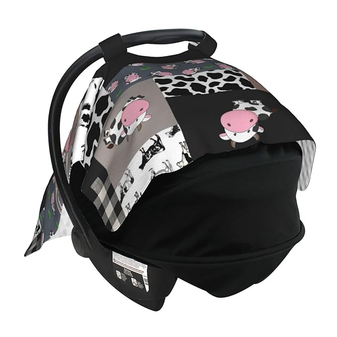 Personalized Cute Cow Baby Car Seat Canopy for Babies with Name, Custom Cow Stripes Car Seat Covers for Girls Boys, Peekaboo Opening Minky Nursing Cover Infant Car Seat Canopies for Newborn