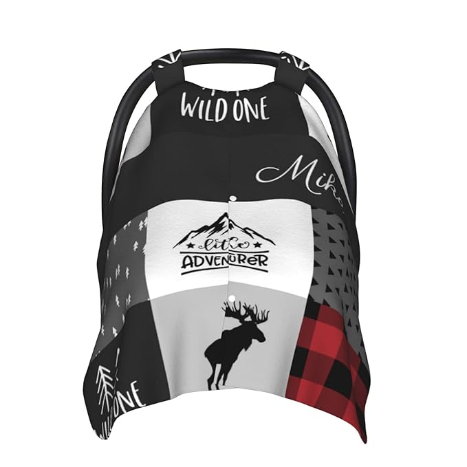Personalized Woodland Deer Baby Car Seat Canopy for Babies with Name, Custom Red Baby Car Seat Covers for Boys and Girls, Opening Minky Nursing Breastfeeding Cover Infant Carseat Canopies for Newborn