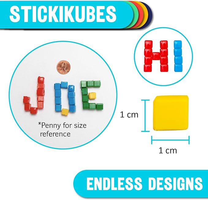 KOMARC GAMES StickiKubes, Mini Stacking Cubes that Stick to Anything, Non Toxic Kid Safe Sticky Blocks, Creative Construction Toy - 125 Cubes, 4 Colors, Tub