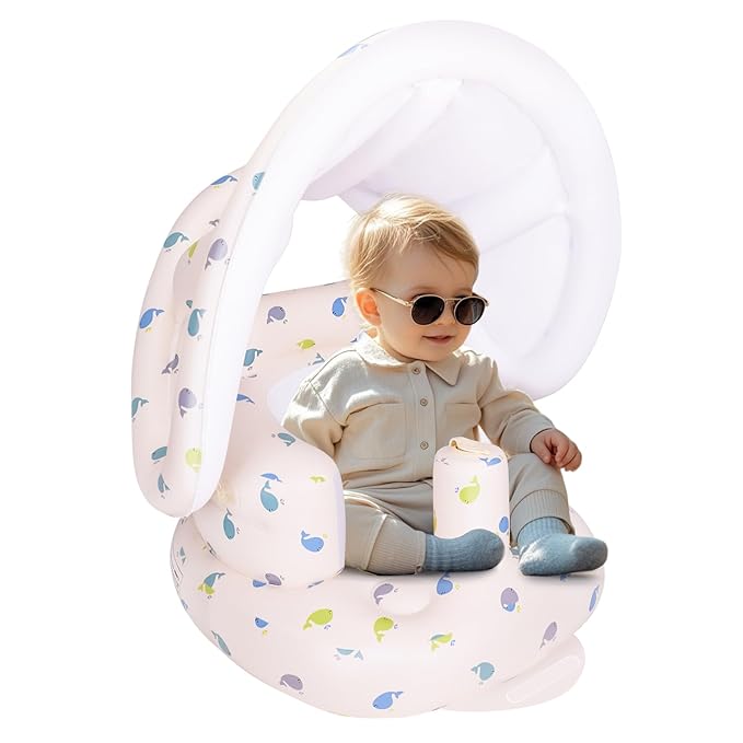 AirSwim Inflatable Baby Seat with Detachable Canopy and Built-in Pump, Inflatable Baby Chair for Babies 3 Months and Up, Sit Me Up Chair for Outdoor Indoor, Bumbo Seat for Infants, Whale