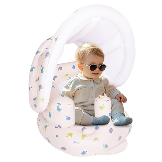 AirSwim Inflatable Baby Seat with Detachable Canopy and Built-in Pump, Inflatable Baby Chair for Babies 3 Months and Up, Sit Me Up Chair for Outdoor Indoor, Bumbo Seat for Infants, Whale