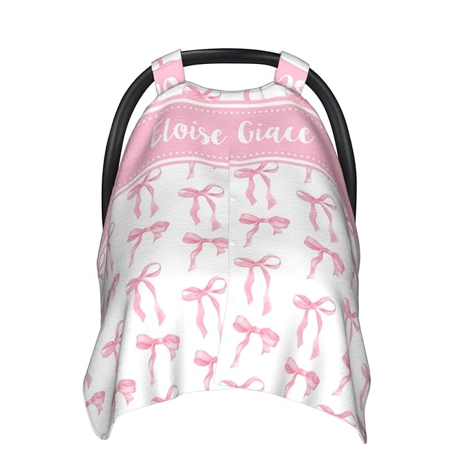 Personalized Baby Car Seat Canopy with Name – Custom Pink Bow Minky Nursing Cover for Girls, Soft Stroller Cover for Infants & Newborns, Carseat Canopy for Breastfeeding