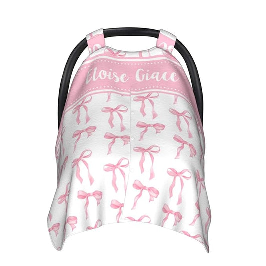 Personalized Baby Car Seat Canopy with Name – Custom Pink Bow Minky Nursing Cover for Girls, Soft Stroller Cover for Infants & Newborns, Carseat Canopy for Breastfeeding