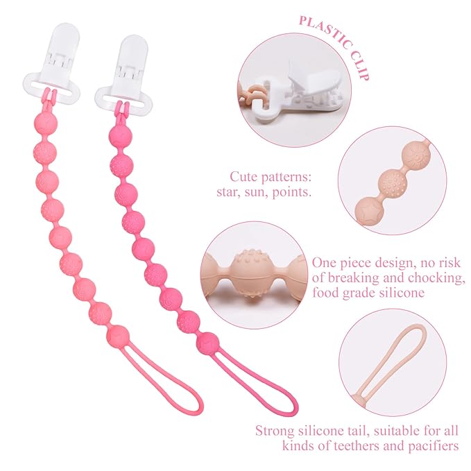 4 Pcs Pink Baby Silicone Teething Pacifier Clip,One-piece Design,Round Shape,Textured Surface,BPA Free.