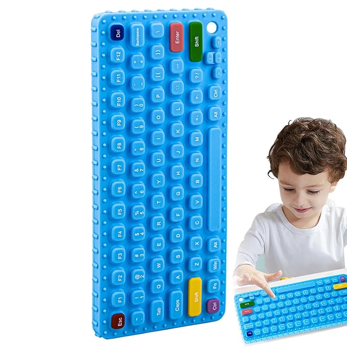 Keyboard Shape Teething Toys，Silicone Baby Teether Toys with Pacifier Clip for Babies 0-3 Months 3-6 Months,Baby Chew Toys Sensory Toys for Babies 6-36 Months(Gray) (Blue) (Blue)
