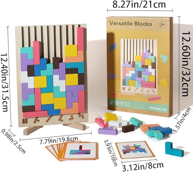 Wooden Stacking Puzzle Toy, 42 Pcs 3D Montessori Russian Blocks Puzzles for Toddlers 3+ Years Old, Brain Teaser Educational Travel Game for Kids, Logic Intelligence Development Gift