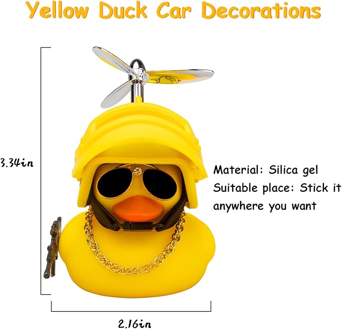 wonuu Rubber Yellow Duck Car Ornaments Cool Duck Car Dashboard Decorations with Propeller Helmet Sunglasses (Duck-Yellow G)