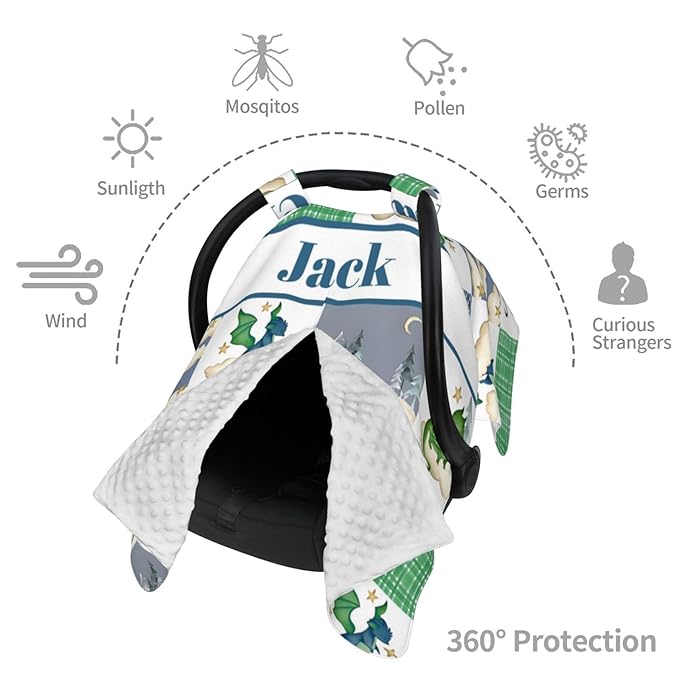 Personalized Baby Car Seat Canopy for Babies with Name, Custom Car Seat Covers for Boys Girls, Cute Dragon Green Nursing Breastfeeding Stroller Cover Infant Carseat Canopies for Newborn