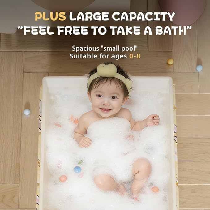 Foldable Baby Bathtub with Cute Animal Print, Portable Infant Bath Tub ，31.5x17.7x9.8 Inch Expanded (Yellow)