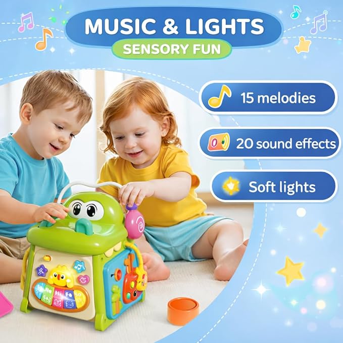 Qizebaby Montessori Activity Cube for Toddlers 1-3, Baby Activity Cube with Music & Lights, 8-in-1 Learning Toy with Shape Sorter & Bead Maze, Educational Toys for 12-36 Months Boys Girls