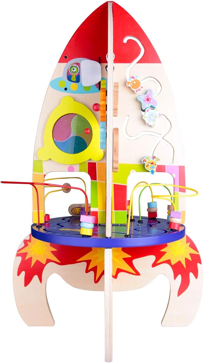 Classic World Wood Multi Activity Rocket Educational Toy for Toddlers with Bead Coaster Gear Game and Baby-Safe Mirror Eco-Friendly Wooden Activity Set Ideal for Ages 18 Months and Up