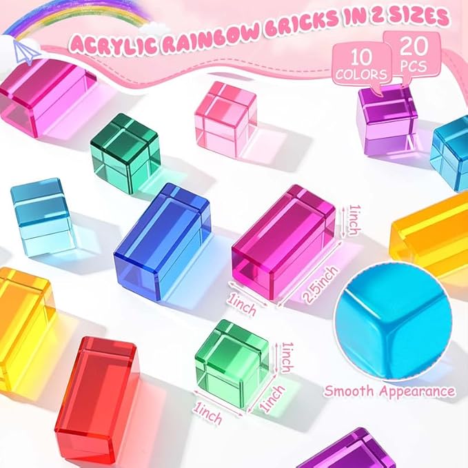 Meooeck 20 Pcs Acrylic Gem Cubes Blocks for Kids Translucent Rainbow Building Blocks Crystal Light Shadow Stacking Toys for School Education Training Learning(2 Sizes)
