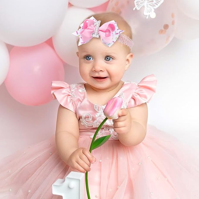 Hair Bows for Baby Girls Birthday - 1st Birthday Baby Girl Headband Sweet Theme with Ice Cream Party, Pink Hair Accessories for Baby Toddler 1 2 3 4 5 6 Years, Outfit & Decorations