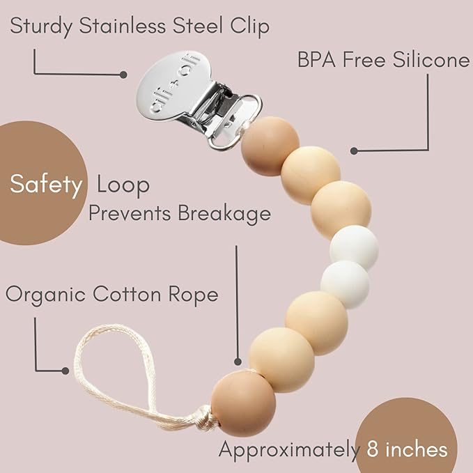 Ali+Oli (Natural) Bundle Duo, Pacifier Case Holder & Silicone Pacifier Clip for Baby