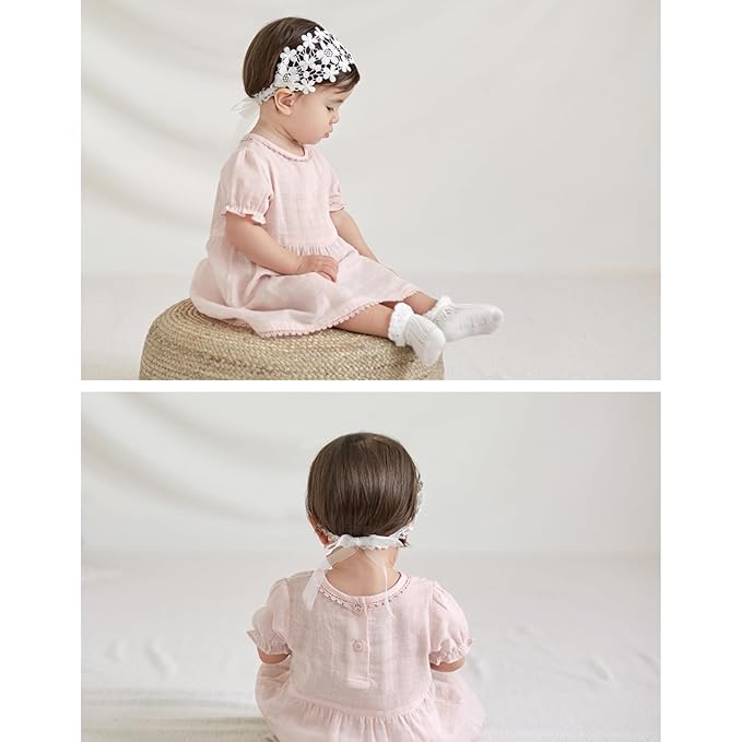 Baby Girls Flower Headbands Cute Kids Christening Headband Soft Lace Hairbands Floral Crown Newborn Infant Toddlers Hair Accessories for Birthday Party Photography(Beige Flowers)