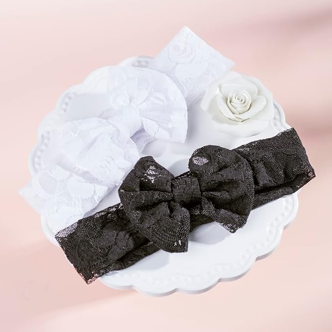 Qiansail Baby Girls Lace Bow Headband Elastics Bow Knot Hairband Headwrap for Newborn Infant Toddlers Kids (White)