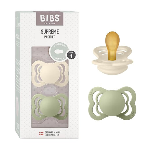BIBS Pacifiers - Supreme Collection | BPA-Free Baby Pacifier | Made in Denmark | Set of 2 Ivory/Sage Color Premium Soothers | Size 0-6 Months