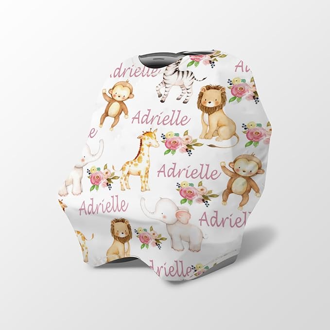 Personalized Baby Car Seat Cover Stroller Canopy: Custom Name Newborn Baby Boy Girl Elastic Animals Nursing Cover for Moms First Birthday Gift Giraffe Monkey(one Size)