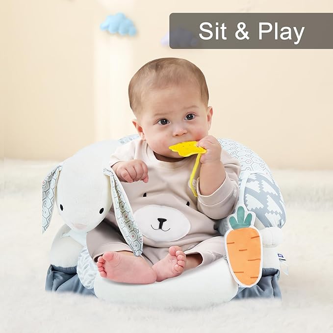 Lovvie & Joy 2-in-1 Tummy Time Mat & Seated Support Pillow,Baby Tummy Time Pillow Support for Newborns and Older Babies,with Detachable Support Pillow and Toys Rabbit