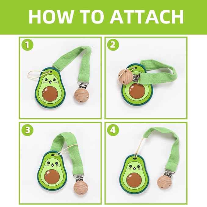 Baby Food Grade Silicone Teether Toy with Pacifier Clip Holder,Teething Pain Relief Toys Gift Set for 3 Months+ Boys and Girls,Freezer Safe,BPA Free (Avocado)