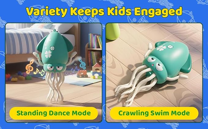SANJOIN Dancing Octopus Baby Toy,Easter Basket Stuffers Gitfs Rechargeable Tummy Time Toys Wiggling Crawling Squid Toy for 3 4 5 6 7 8 9 10 Kids Boy Girl,Electric Musical Toys Birthday Gifts,Pink