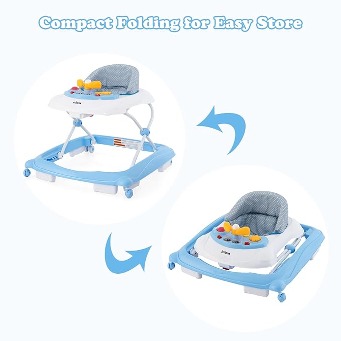 INFANS Foldable Baby Walker, 3 in 1 Toddler Walker Leaning-Seated Walk-Behind with Removable Music Tray, Adjustable Height, Washable Seat Cushion for Boys and Girls (Wave Point)