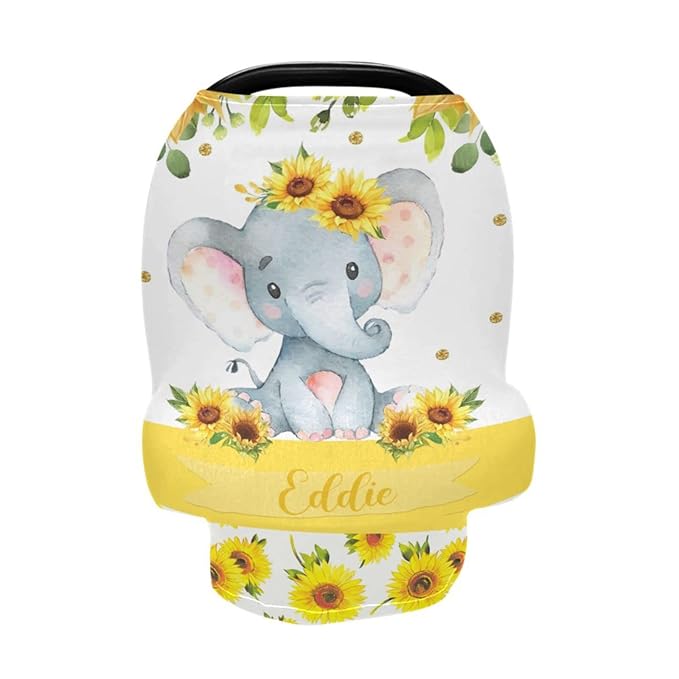 Personalized Baby Car Seat Cover for Boy Girl, Custom Nursing Covers for Breastfeeding with Name, Infant Stroller Cover, Baby Carseat Canopy for Newborn, Multiuse Car Seat Canopies, Sunflower Elephant