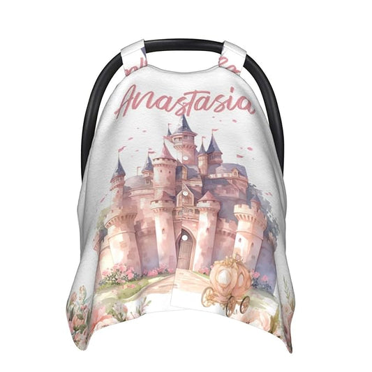 Custom Name Nursing Cover – Princess Castle Baby Car Seat Canopy, Stroller Cover, Baby Minky Blanket – Personalized Newborn Shower Gift for Infant Girls & New Moms