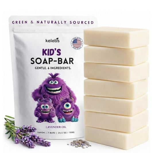KELEBS Kids Soap Bar, Gentle Lavender Soap, Kids Body Wash Bar, Natural Bar Soap for Kids & Family, with Organic Lavender Oil, Naturally Scented, 7 Bars