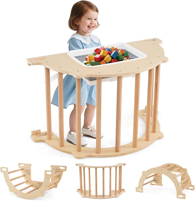 Olakids Climbing Arch for Toddlers, 4 in 1 Wooden Indoor Kids Climber Rocker Montessori Sensory Table with Foldable Storage Bin, Baby Pikler Set Gym Learning Crawling Toy for Children (Wooden)