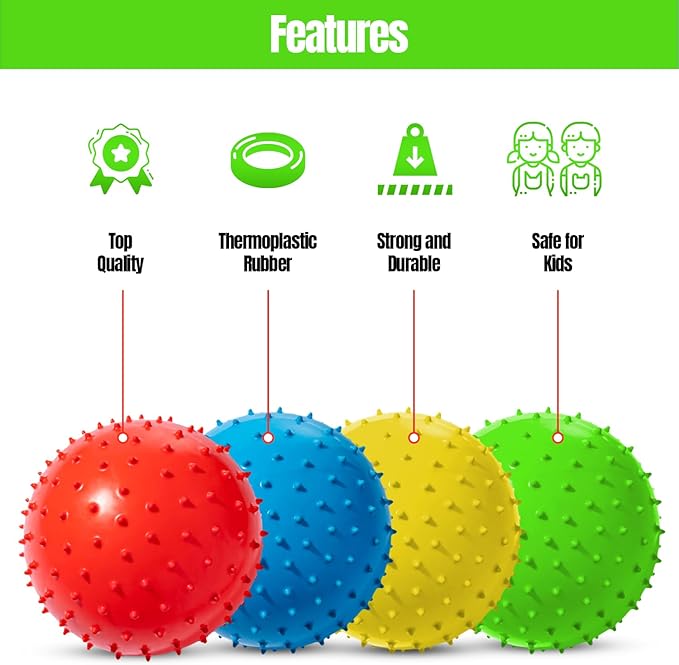 New Bounce Knobby Balls Set for Kids – Set of 4 Bumpy 8.5" Sensory Inflatable Balls with Pump – Textured Toys for Toddlers, Therapy, Outdoor Play, Party Favors & Dog Toys