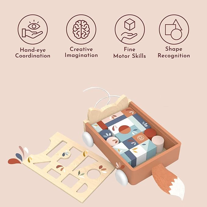 Speedy Monkey Fox Blocks Cart for Toddlers 12m+ | Wooden Block Wagon Pull Toy with 24 Multicolor Blocks | Educational Shape Sorting & Building Toy for Kids | Early Learning Play for Boys & Girls