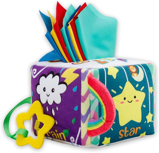 Tissue Box Toy for Baby, Montessori Sensory Pull Toy with 12 Durable Cloth Scarves & Crinkle Paper for 6-12 Months Infants, Early Learning Educational Motor Skills Development Gift