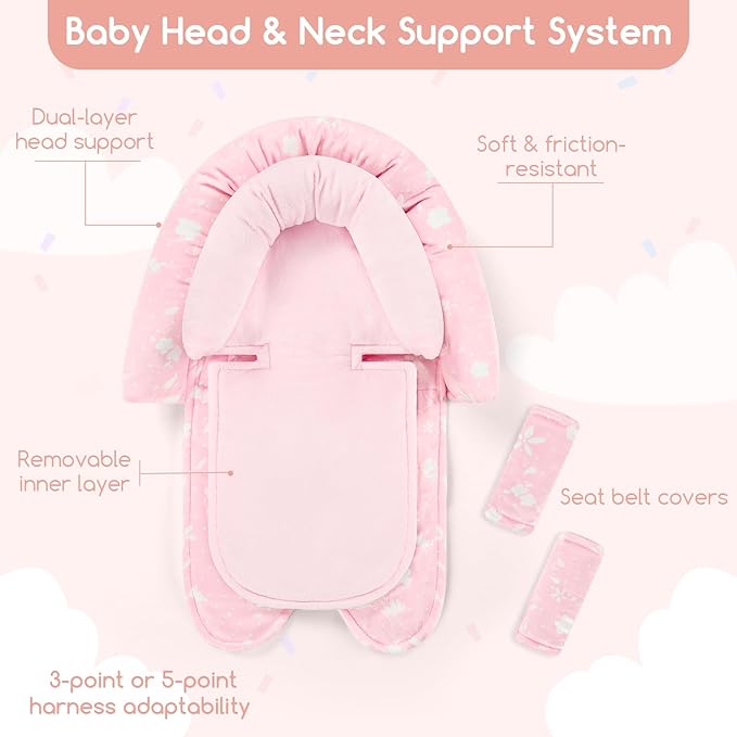Infant Car Seat Insert & Strap Cover for Baby Girls, 2 in 1 Carseat Head Support Newborn, Ultra Soft Car Seat Cushion for Babies, Plush Fabric, Fit for Swing, Car Seat, Stroller, Bouncer, Pink