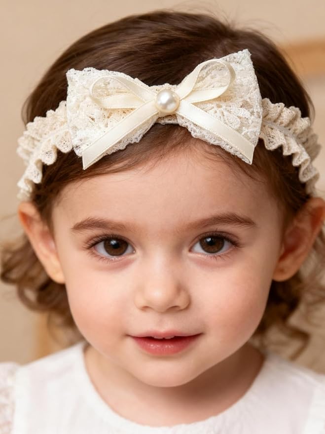 Handmade Baby Girl Headbands in Beige Baby Bows and Floral Lace Headband Bows for Newborns and Toddlers Cute Baby Girl Bows and Newborn Headband Bows